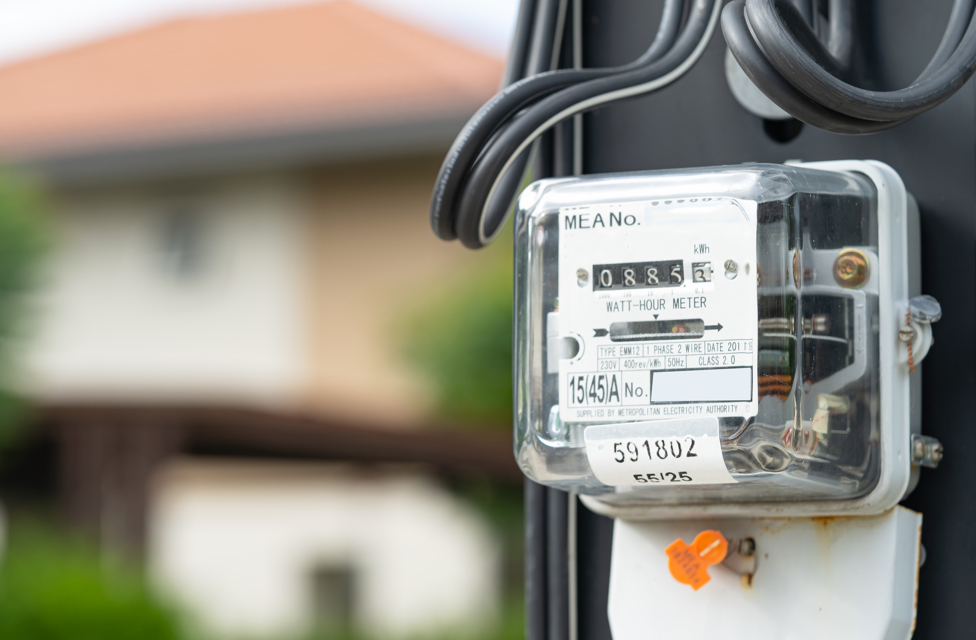 Bangkok, Thailand March 20, 2023,Electric measuring power meter for energy cost at home and office.